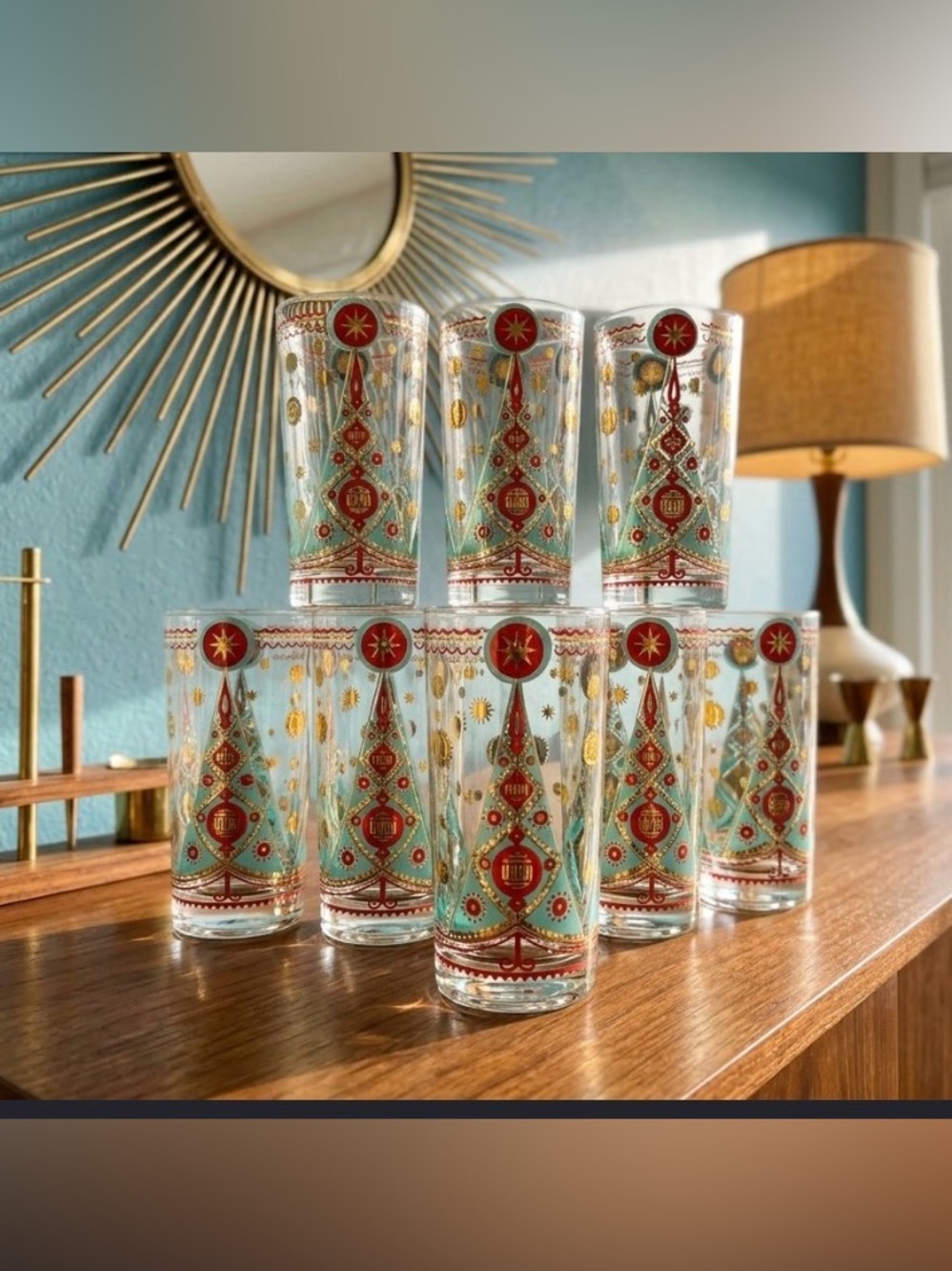 VTG MCM Signed Fred Press Celestial Sunburst Turquoise & 22k Gold Highball Glass